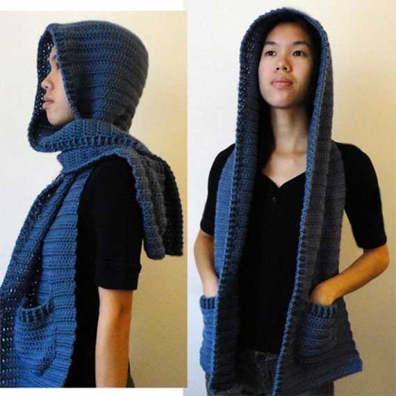 Knitting pattern for scarf with hood and pockets