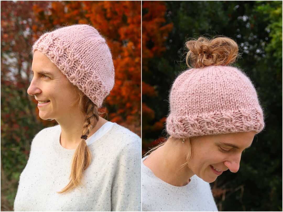 Messy bun hat pattern knit
