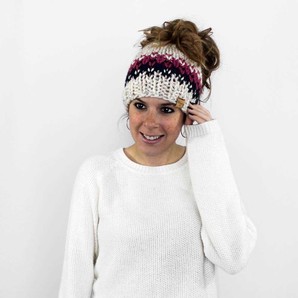 Messy bun hat pattern knit