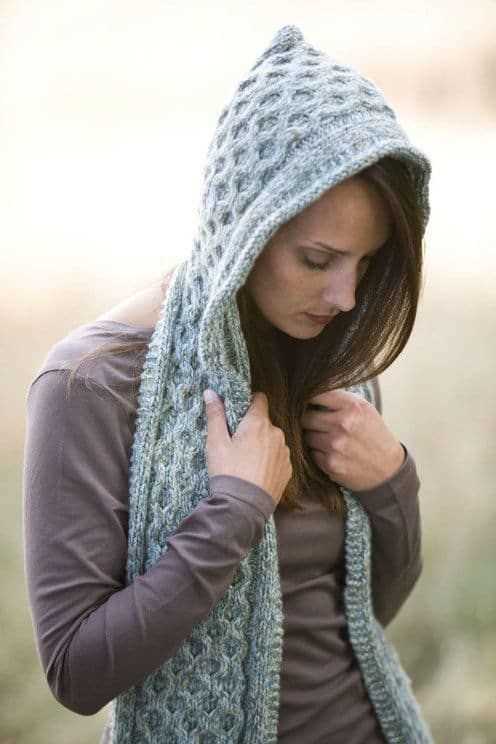 Knitting pattern for scarf with hood and pockets